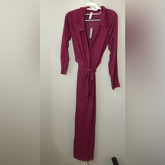 Anthropologie S pink ribbed belted wrap v neck stretchy long sleeve maxi dress - Picture 5 of 15